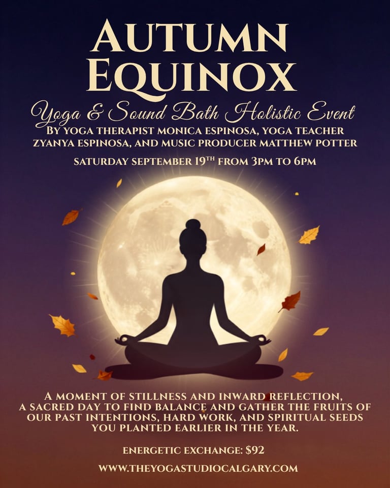 Autumn Equinox yoga and sound bath holistic event poster featuring silhouette of meditating woman against full moon with autumn leaves, September 19th
