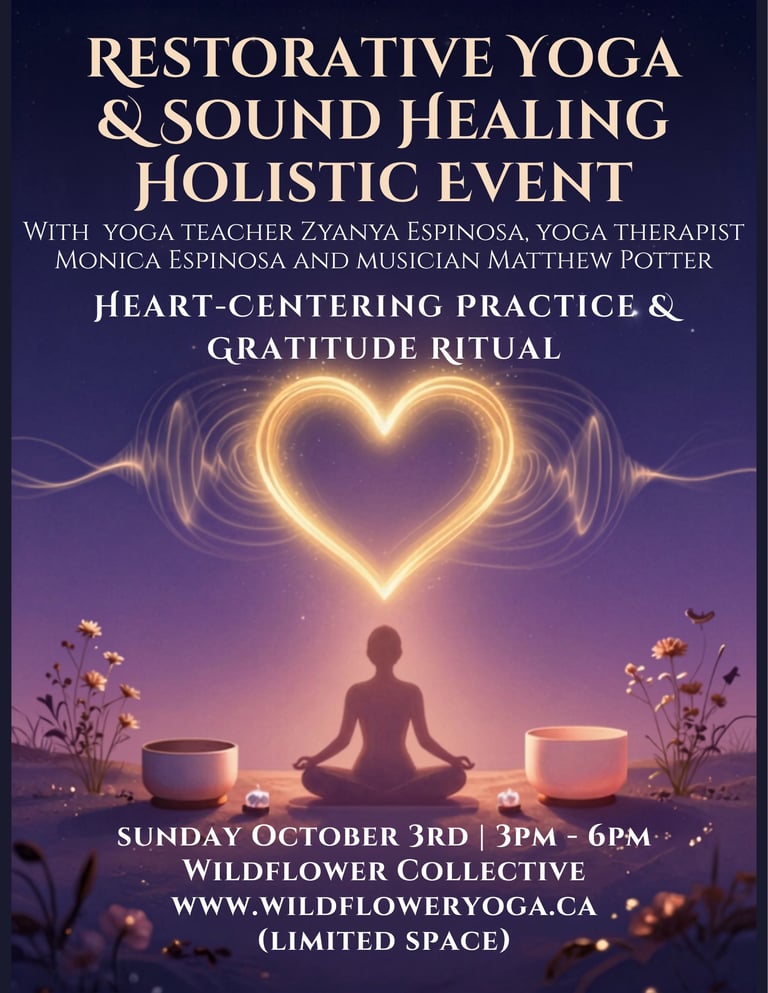 Restorative yoga and sound healing holistic event flyer with glowing heart, meditation figure, singing bowls, and event details for October 3rd