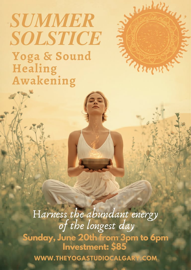 Woman in white yoga attire meditating with singing bowl in sunlit field, Summer Solstice yoga and sound healing event poster