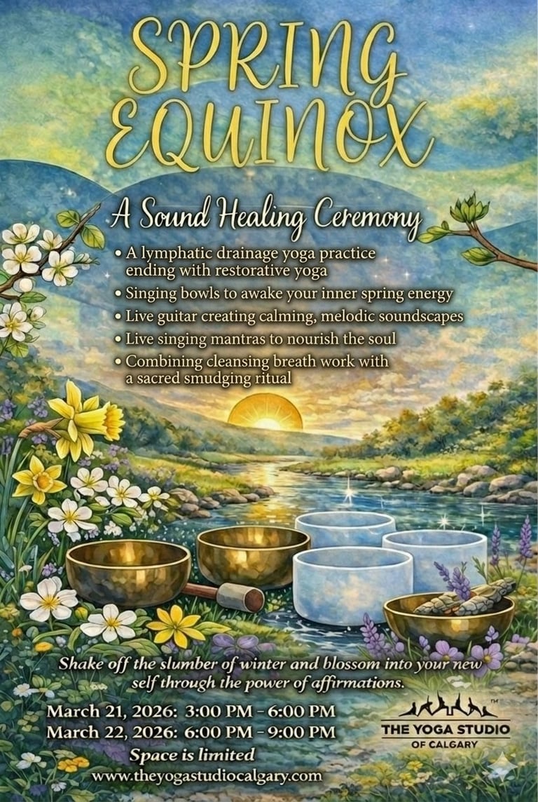 Spring Equinox Sound Healing Ceremony flyer with flowers, singing bowls, and sunset landscape promoting yoga and wellness event